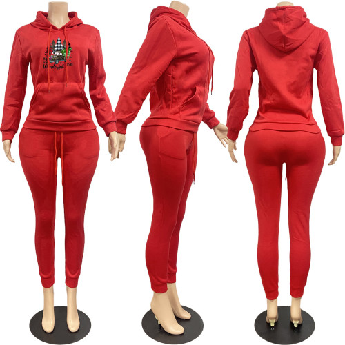 Fleece Long Sleeve Casual Printed Hoodie Sweatshirt & Drawstring Jogger Sets with Kangaroo Pocket