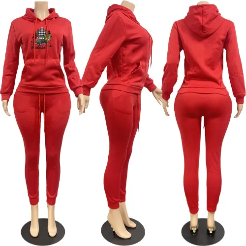 Fleece Long Sleeve Casual Printed Hoodie Sweatshirt & Drawstring Jogger Sets with Kangaroo Pocket