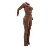 Solid Color Turn-down Neck Sports 2 Piece Set