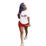 Solid Color Pattern Printed Short Sleeve Two Piece Set