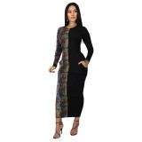 Colorful Snakeskin Stitching Patch Pocket Gradient Dress