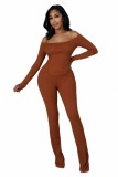 Spring Autumn Brown Ribbed Off Shoulder Cutout Top & Flared Pants Set