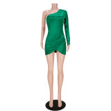Reflective Pleated Slanted Single Shoulder Cross Dress