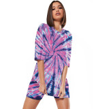 Casual Tie-dye Round Neck Loungewear Shorts Set