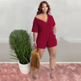 Sexy Wine Red Nightclub Clothes 2022 Summer Solid V Neck Rompers with Pockets