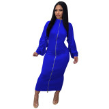 Ruched Lantern Sleeve Zip Front Bodycon Dress