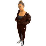 Casual Embroidery Letter Cardigan Pant Set with Hat