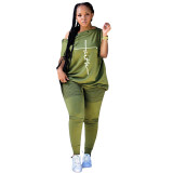2022 Summer Loose Army Green Printed Slanted Shoulder Breasted Shirring Two Pieces Sets