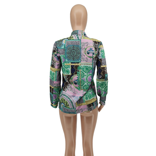 Fashion Printed Turn-down Neck Blouse