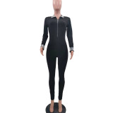 Black Plaid Patchwork Zipper Up Long Sleeve Turn-down Neck Skinny Jumpsuit