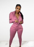 Women's Solid Color Velvet Zipper Hoodied Casual Two Piece Set