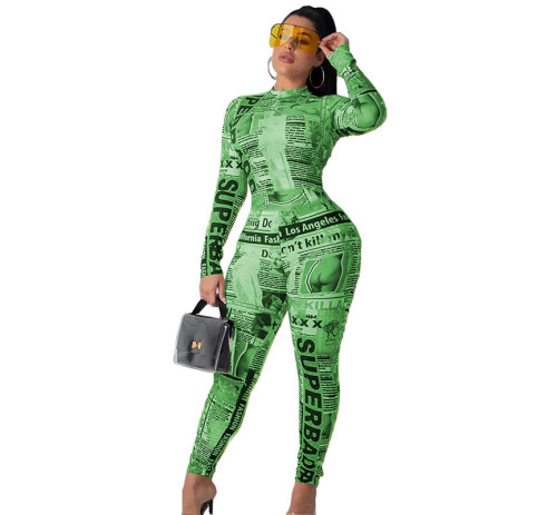 Concealed Zipper Print Newspaper Jumpsuit