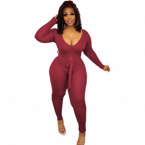 Wine Red Elegant Knitted Ribbed Pencil Long Sleeve Jumpsuit Office Lady V-neck with Sashes High Waist One Piece Overall Playsuits