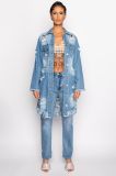 Women's Fashion Ripped Fringed Long Sleeve Trench Denim Long Cardigan