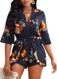 Hot Fashion Plunge Neck Half Sleeve Floral Printed Tie Waist Rompers