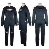 Solid Color Black Drop-shoulder Hooded Sweatshirt Thick Sweatpants Set
