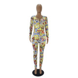 Casual Pattern Printed V Neck Home Jumpsuit