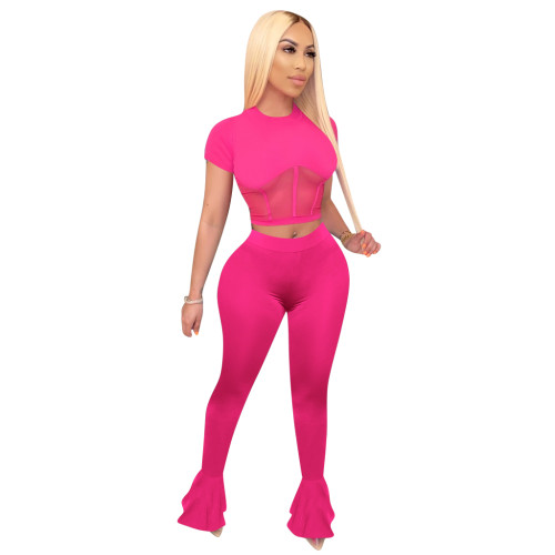 Solid Color Mesh Splicing Flared Pants Set