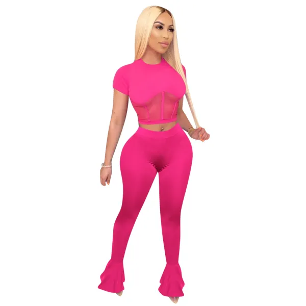 Solid Color Mesh Splicing Flared Pants Set