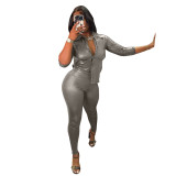 Sexy Silver Gray Tight Elastic Snake Print Faux Leather Pants Set