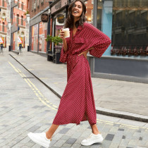 Red Polka Dot Shirt Collar Beach Dress