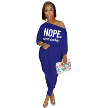 Casual Blue Printed Letter Skew Neck Asymmetric Hem Two Piece Pants Set Women