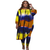 Plus Size Irregular Tie Dye Oblique Shoulder Pants Set
