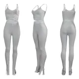 Solid Color Straps Crop Top and Trousers with Side Slit