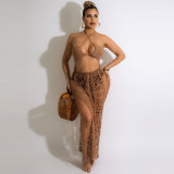 Brown Solid Color Summer Elastic Fringed Side Slit Halter Beach Long Dresses
