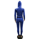 Casual Blue Knitted Printed Letter Long Sleeve Sports Hoodie Pants Set with Pocket