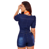 Casual Denim Romper with Ripped Holes