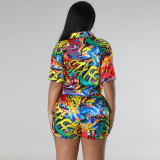 Casual Imitation Silk Printed Shirt Trousers Two Piece With Pockets