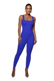 Solid Color Ribbed Sleeveless Square Neck Backless Tank Jumpsuit