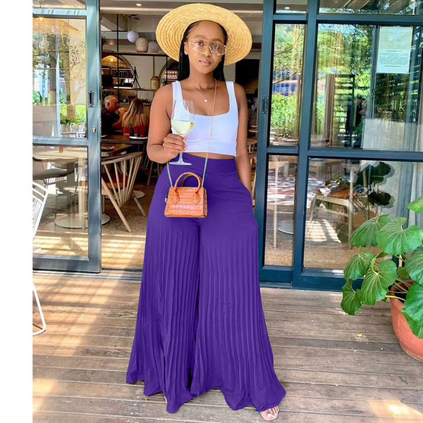 Purple Casual Solid Pleated Mid Waist Wide Leg Pants