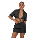 Solid Color Clothes Short Sleeve Crop Skirt Set Tooling Style