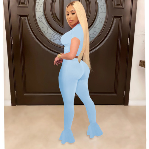Light Blue Women Fitness Mesh Stitching Clothing Wear Flared Trousers Women Set