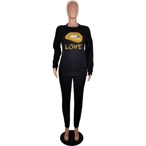 Fashion Black Pockets Mouth Printed Pullover Sweatshirt Pants Set