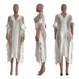 Solid Color Manual Knitted Sheer Fringed Dress