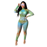 Sexy Long Sleeve Dollar Printed Mesh Jumpsuit