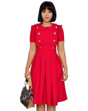 OL Style Ruffle Collar Short Sleeve Pleated Dress