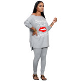 Casual Print Lips Patchwork O Neck Long Sleeve Two Pieces