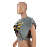 Casual Grey Cool Racing Print Bandage Hollowed Out Split Joint O Neck T-Shirts