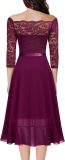 Off Shoulder Floral Lace Front Split Three Quarter Sleeves Bridesmaid Party Dress