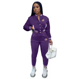 Solid Color Women's Purple Jacket Suits Single-breasted Long lSeeve Baseball Uniform Two Piece