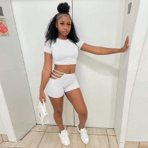 Summer Hollow Out Women 2 Two Pieces Set Fashion Short Sleeve Crop Tops Shorts Sets