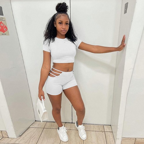 Summer Hollow Out Women 2 Two Pieces Set Fashion Short Sleeve Crop Tops Shorts Sets