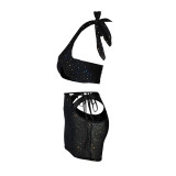 Sexy Black Patchwork Hollowed Out See-through Backless Sleeveless Three Piece Set