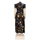Summer Plus Size Women Print Puffed Short Sleeve Sexy Mesh Long Dress