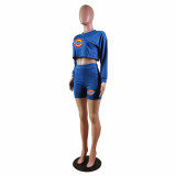 Casual O Neck Long Sleeve Sweatshirt Shorts Set with Pocket