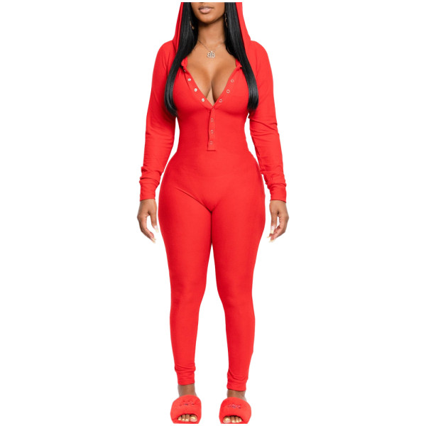 Solid Color Hooded Homewear Jumpsuit